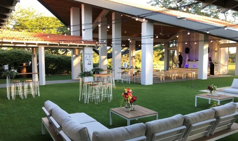 Pavilion with tables and chairs set up